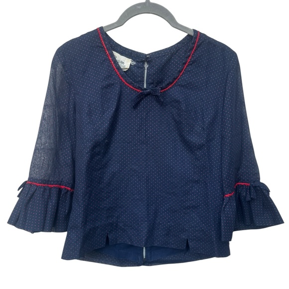 Vintage Susan Thomas Blouse Navy with Red Polka Dots - Picture 4 of 9